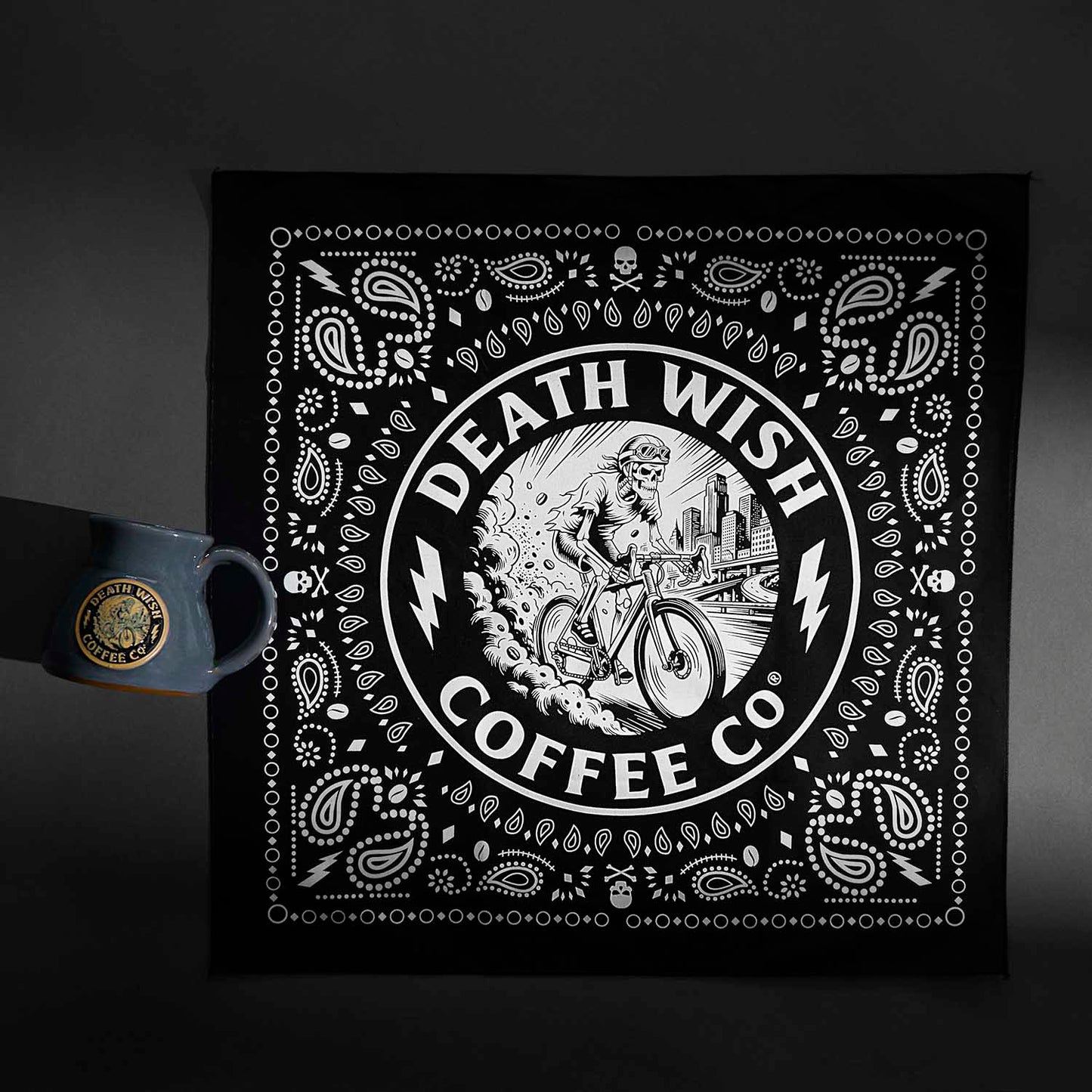 The Death Wish Coffee Ride or Die Bandana and Mug.