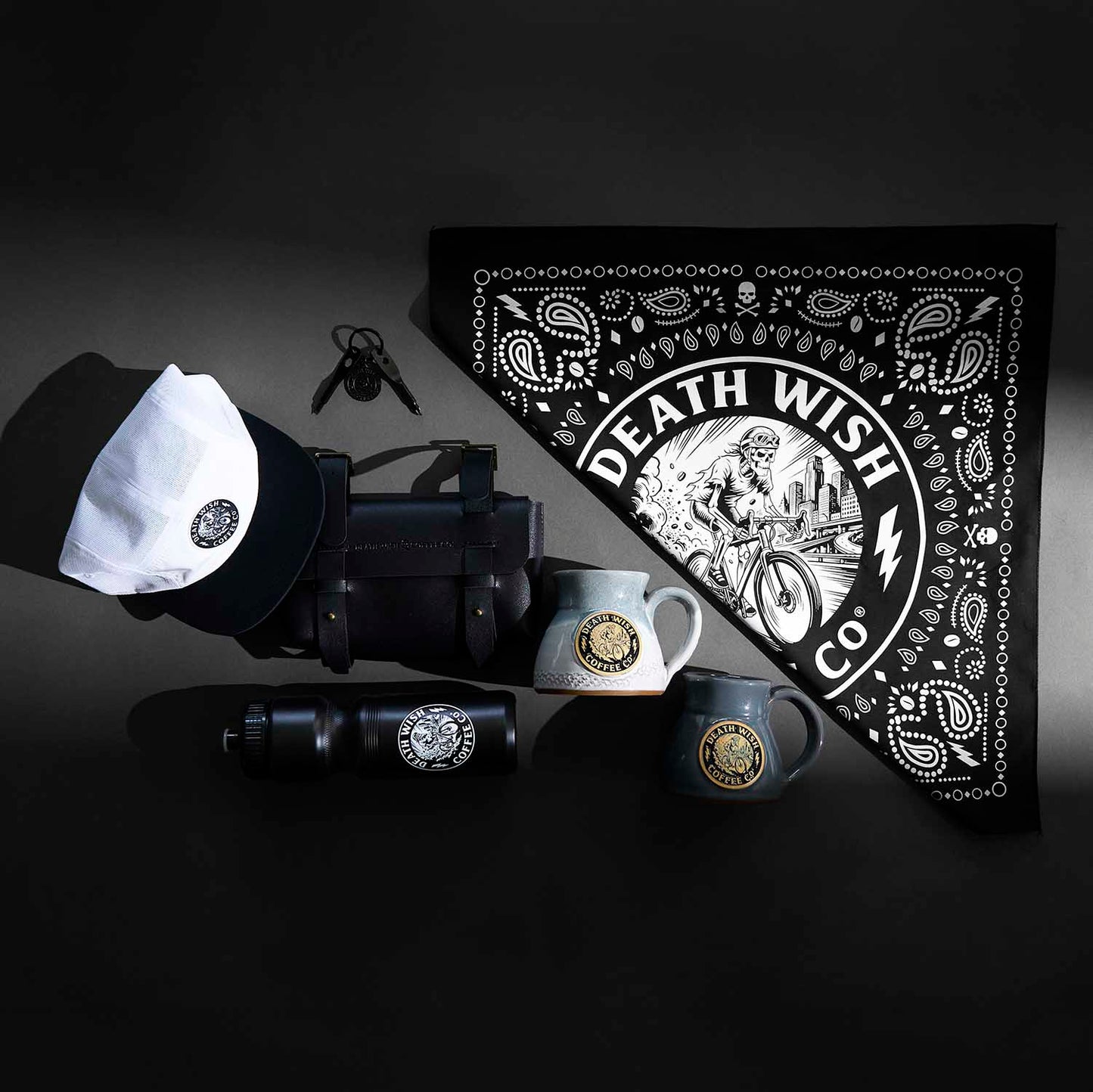 The Death Wish Coffee Ride or Die Mug and supporting merchandise.