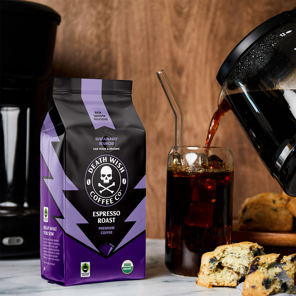 Pouring Espresso Roast Death Wish Coffee into a cup.