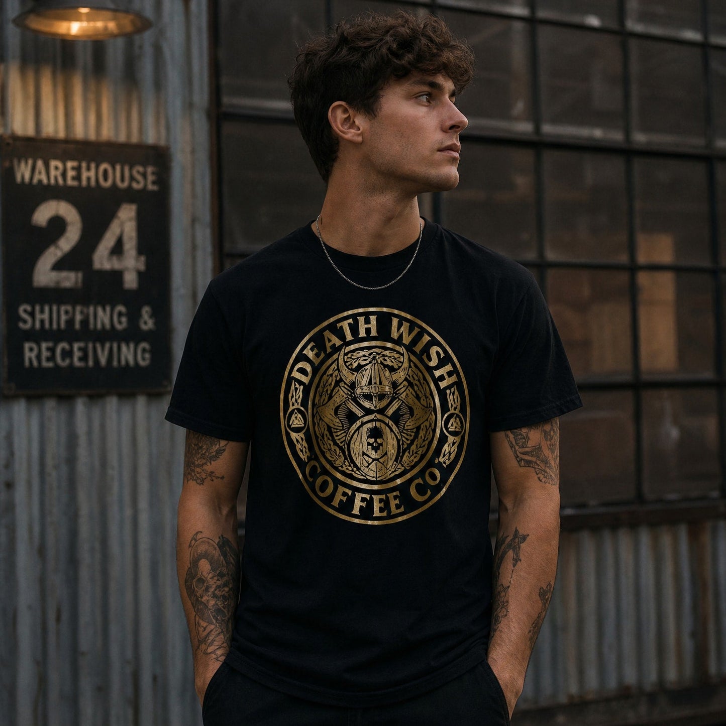 A model wearing the Death Wish Coffee Gates of Valhalla Tee.