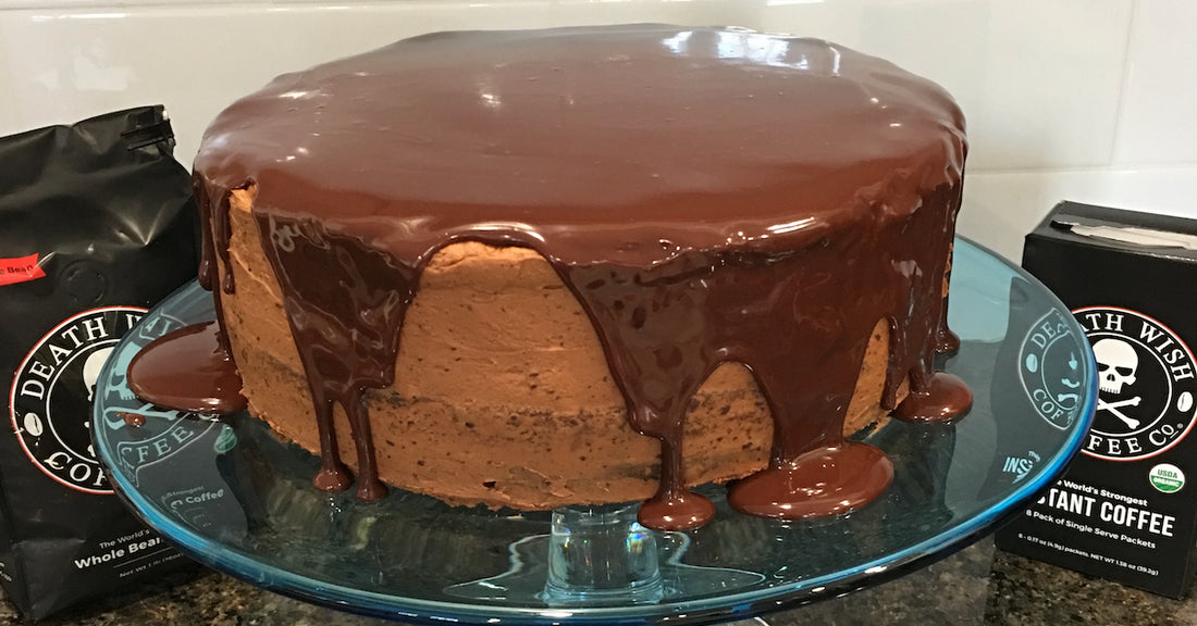 Chocolate cake made with Death Wish Coffee, mocha icing and ganache. 