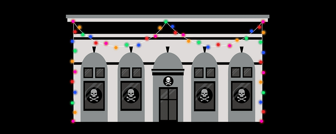 An animation of Death Wish Coffee's Retail Shop + HQ with twinkling christmas lights.