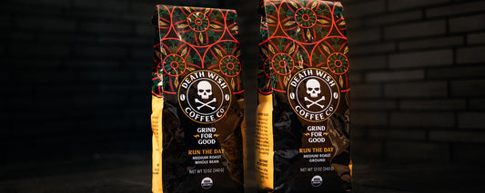 A brightly colored coffee bag of Ethiopian Yirgacheffe Run the Day blend available in whole bean and ground coffee.