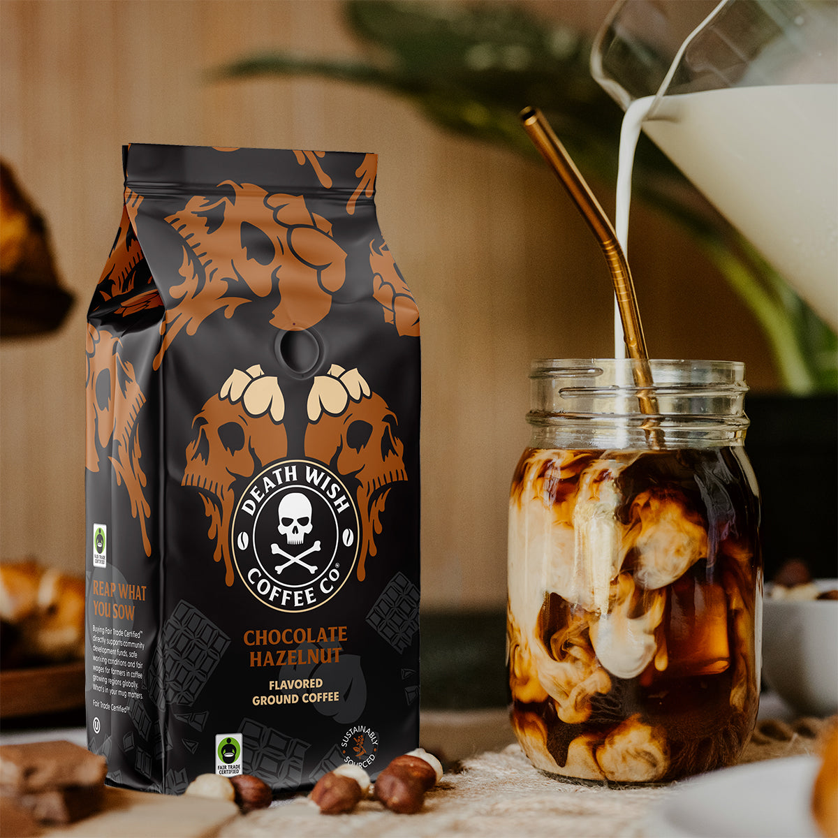 Putting a fresh coconut garnish onto Coconut Caramel flavored Death Wish Coffee.