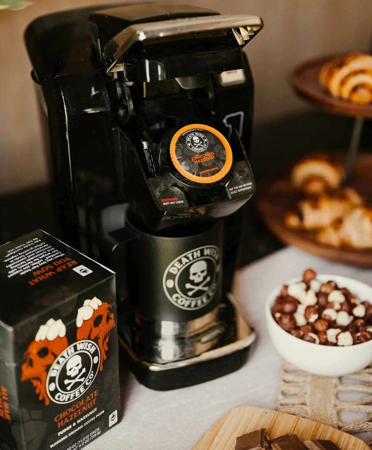 Brewing Chocolate Hazelnut Single-Serve Death Wish Coffee Pods.