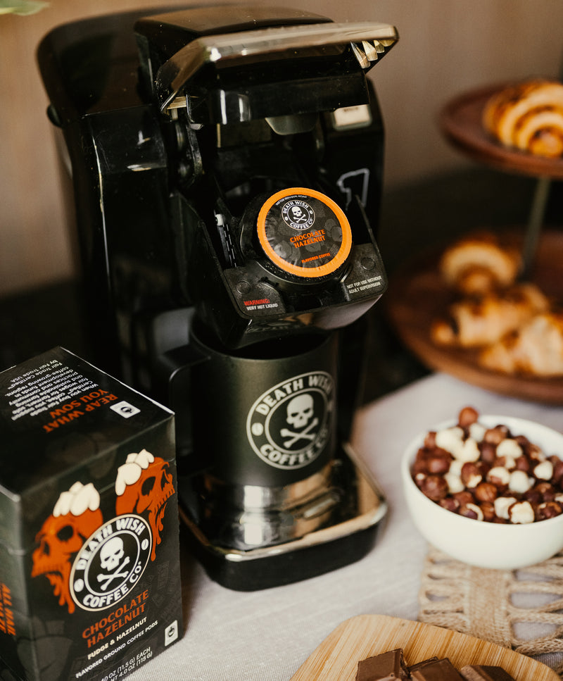 Brewing Chocolate Hazelnut Single-Serve Death Wish Coffee Pods.