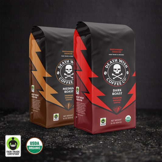Death Wish Coffee Dark Roast + Medium Roast Ground Coffee Bundle - 16oz Bags.