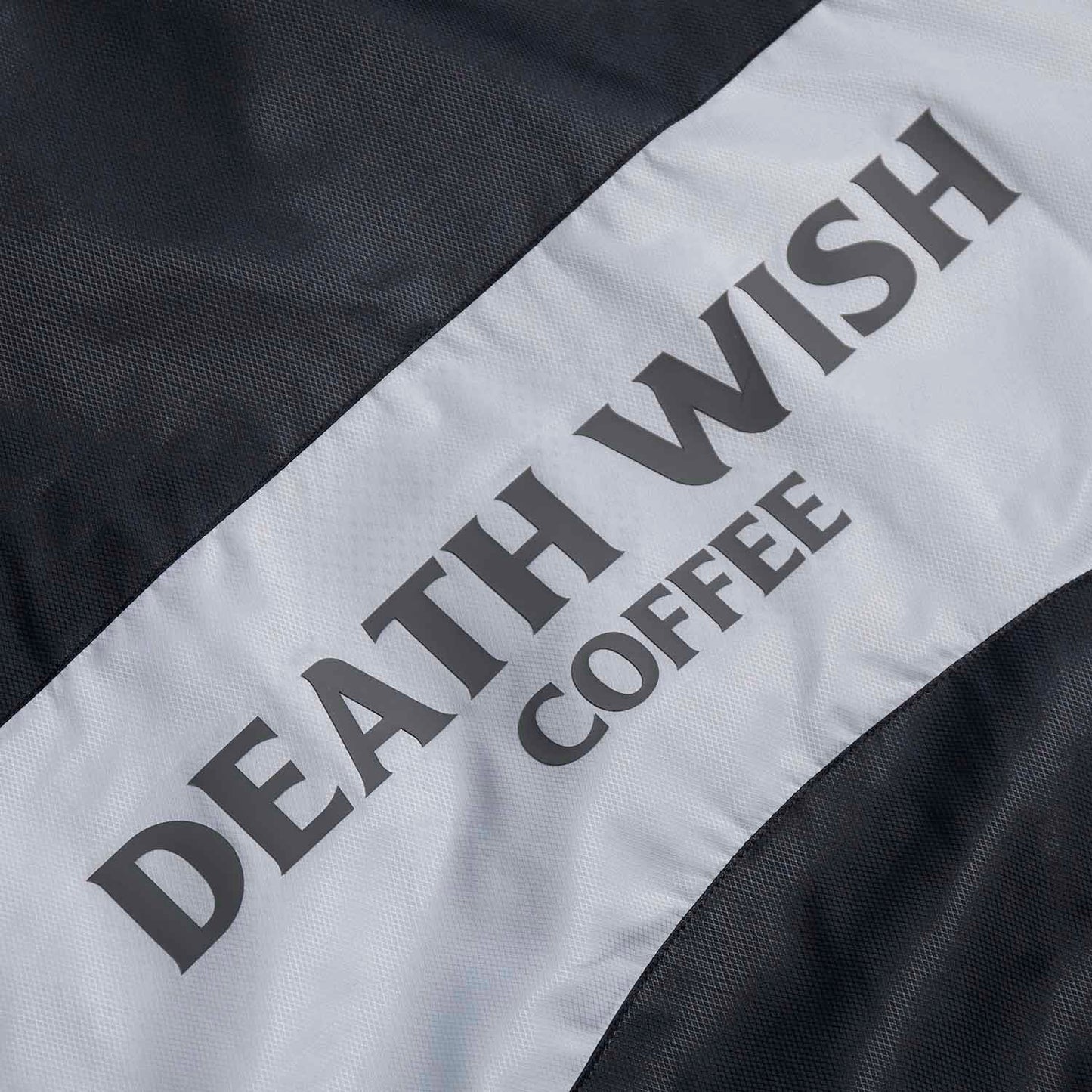 The back logo of the Death Wish Coffee Photo Finish Windbreaker.