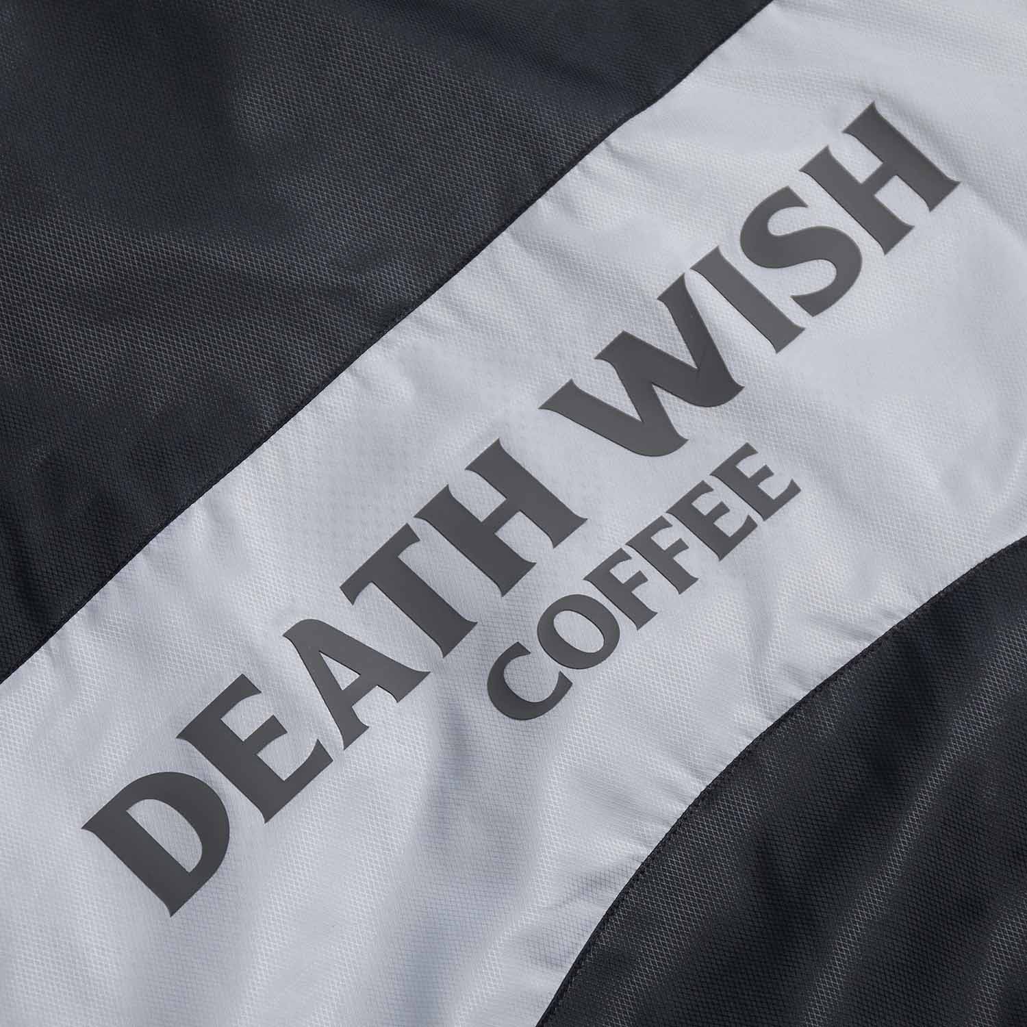 The back logo of the Death Wish Coffee Photo Finish Windbreaker.