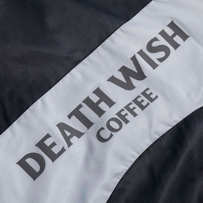 The back logo of the Death Wish Coffee Photo Finish Windbreaker.