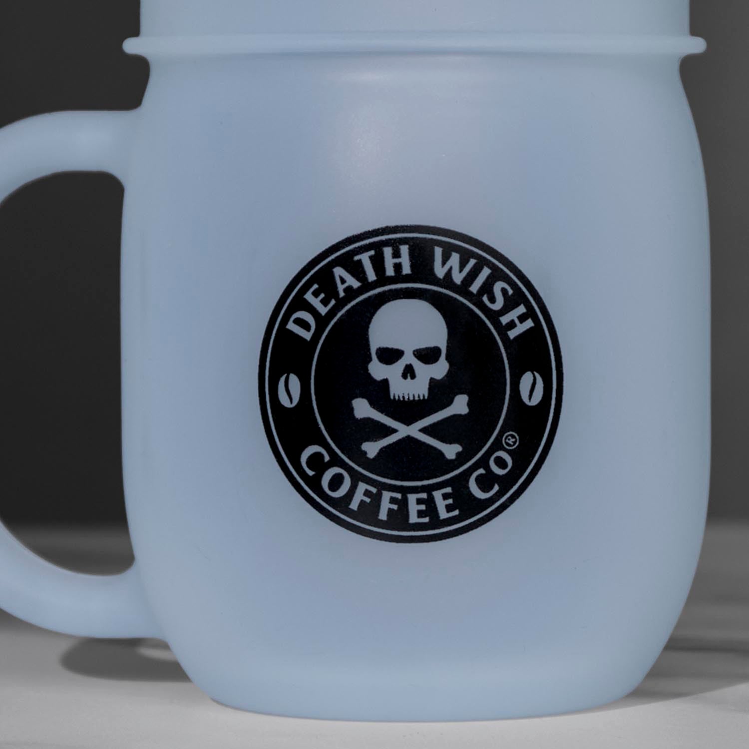A detail shot of the front of the Death Wish Coffee Unbreakable Spirit Silicone Mug.