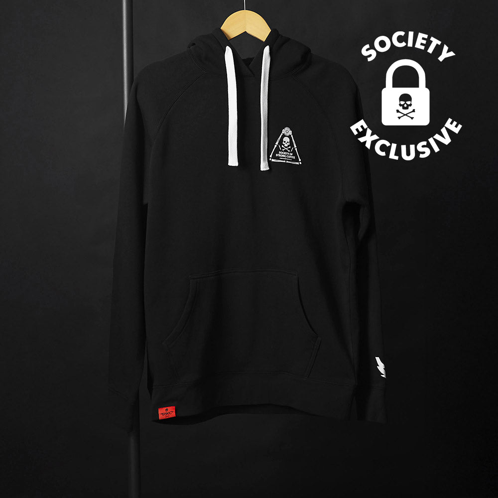 The front of the Death Wish Coffee Signature Society of Strong Coffee Hoodie.