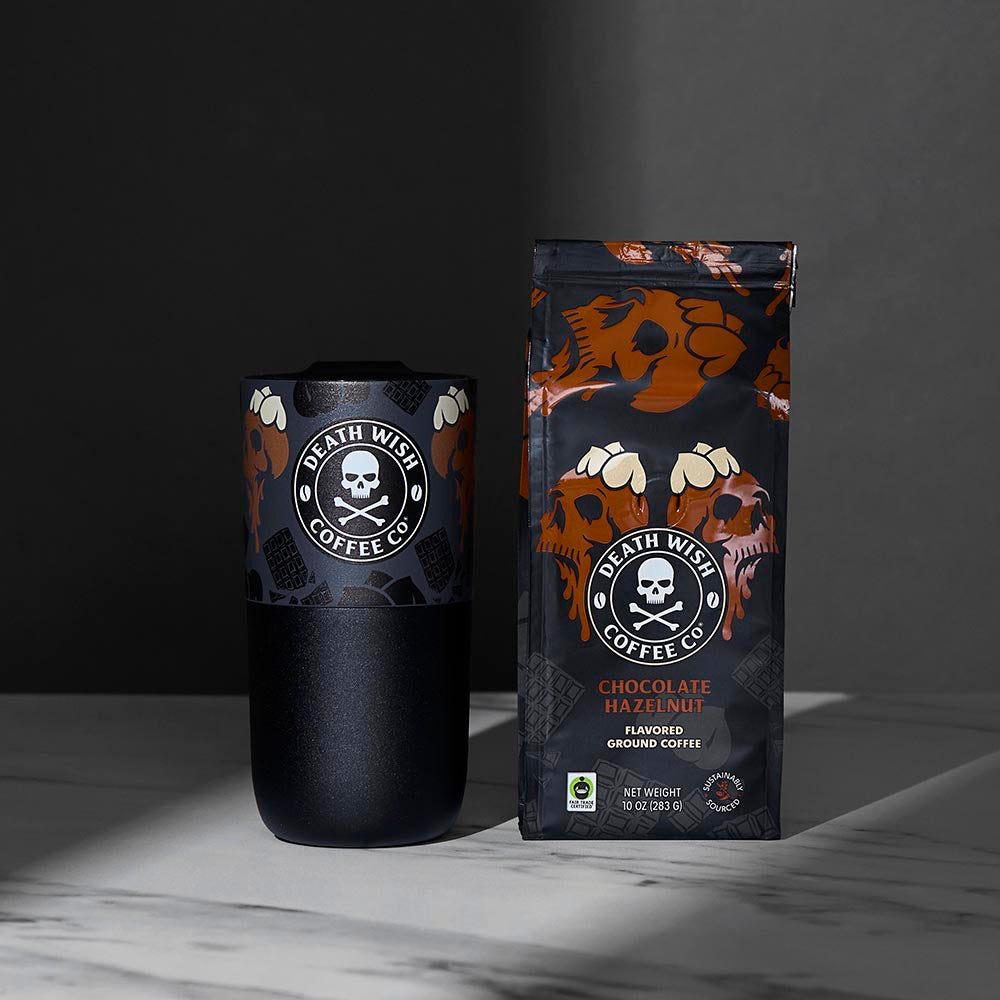 The Death Wish Coffee Chocolate Hazelnut Klean Kanteen next to a bag of Chocolate Hazelnut Coffee.