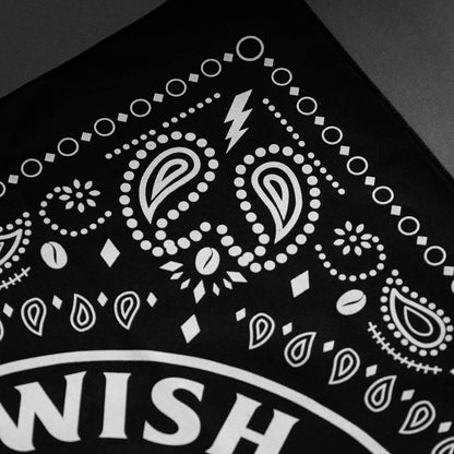 Up close detail of the corner of the Death Wish Coffee Ride or Die Bandana.