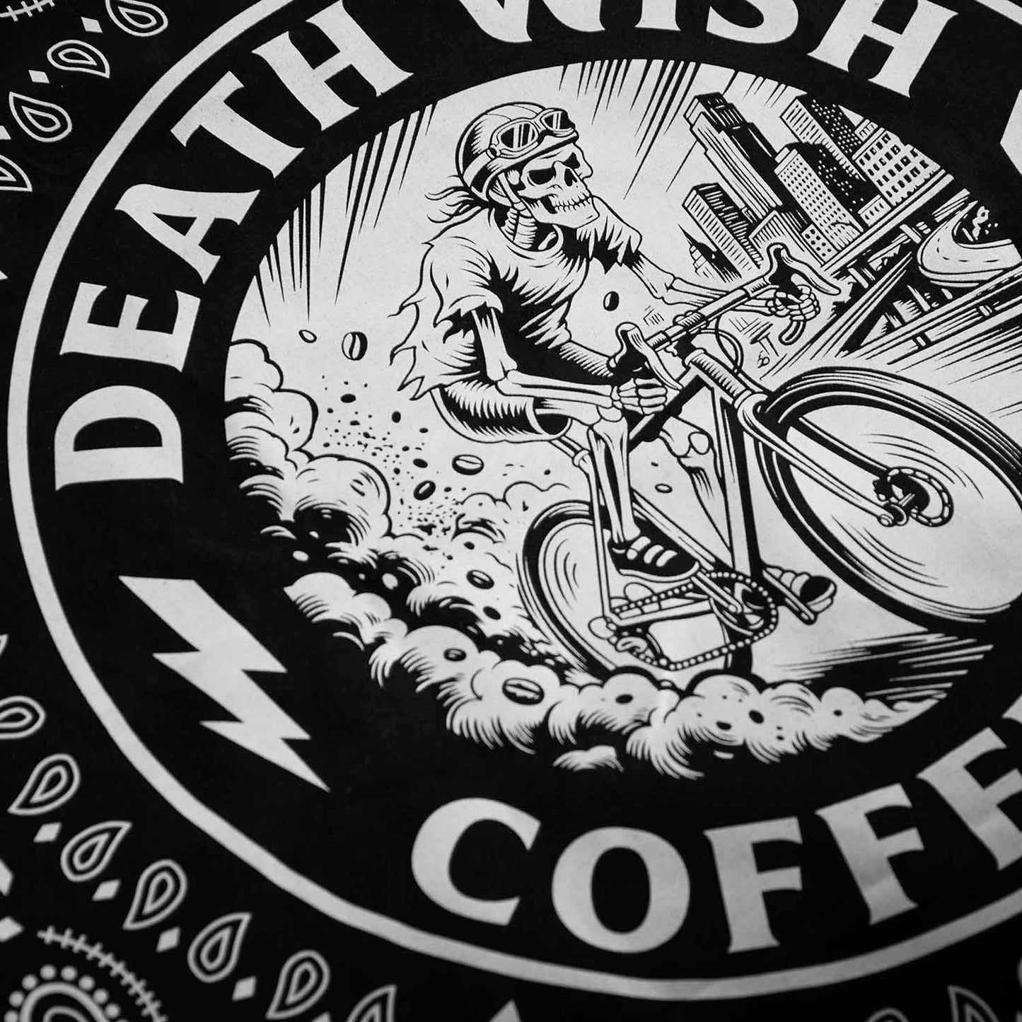 Up close detail shot of the Death Wish Coffee Ride or Die Bandana.