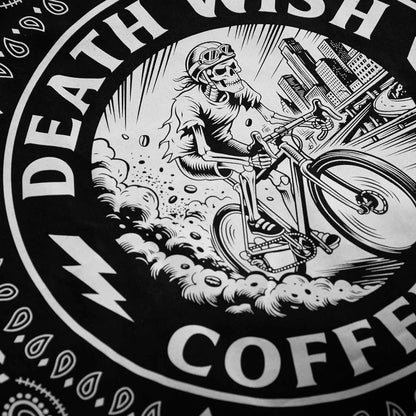 Up close detail shot of the Death Wish Coffee Ride or Die Bandana.