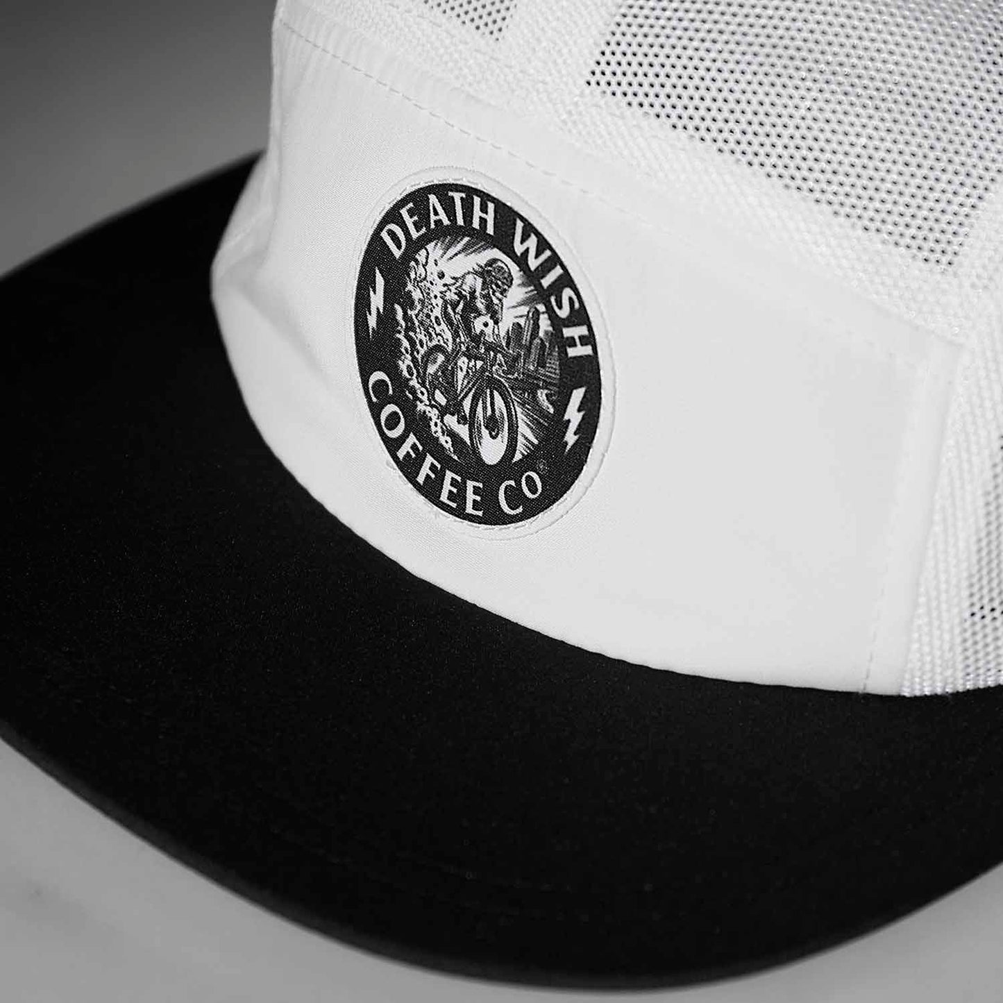 A detail photo of the Death Wish Coffee High Gear Five-Panel Hat.