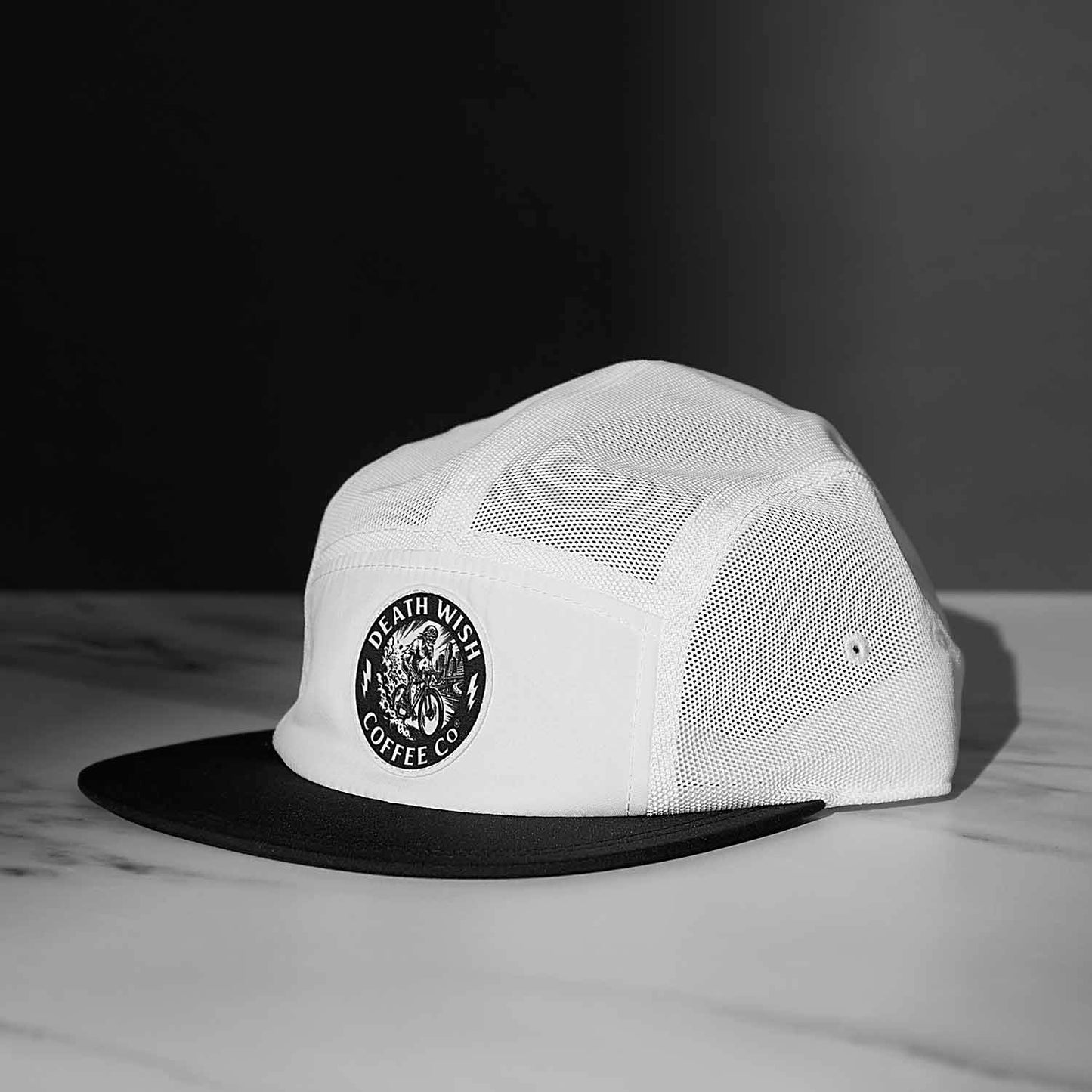 A detail photo of the Death Wish Coffee High Gear Five-Panel Hat.