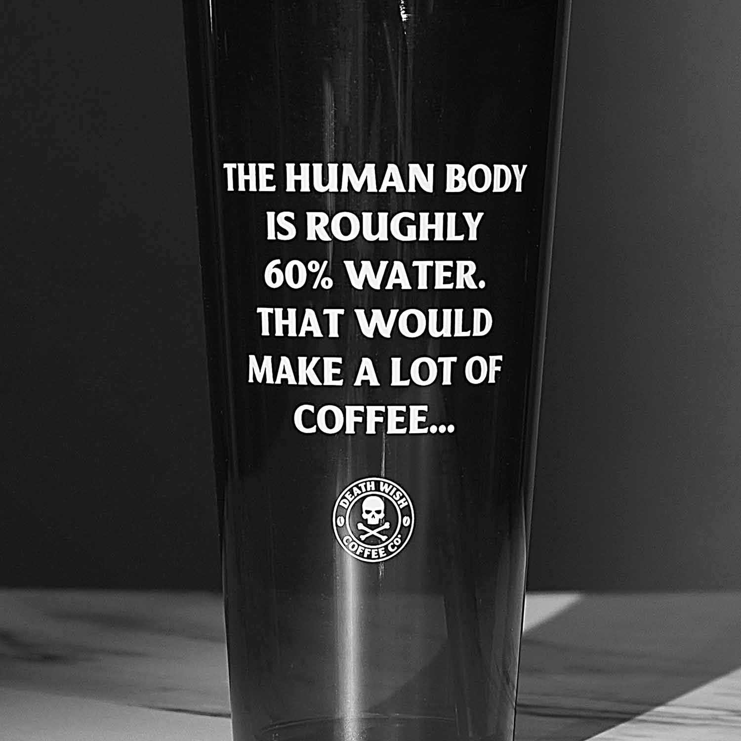 The front of the Death Wish Coffee Human Body Tumbler.