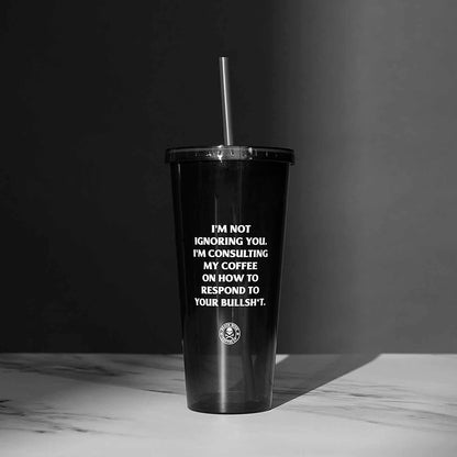The front of the Death Wish Coffee Coffee Consultation Tumbler.
