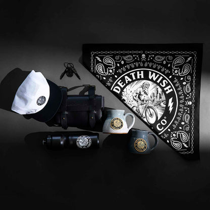 The Death Wish Coffee Ride or Die Mug and supporting merchandise.