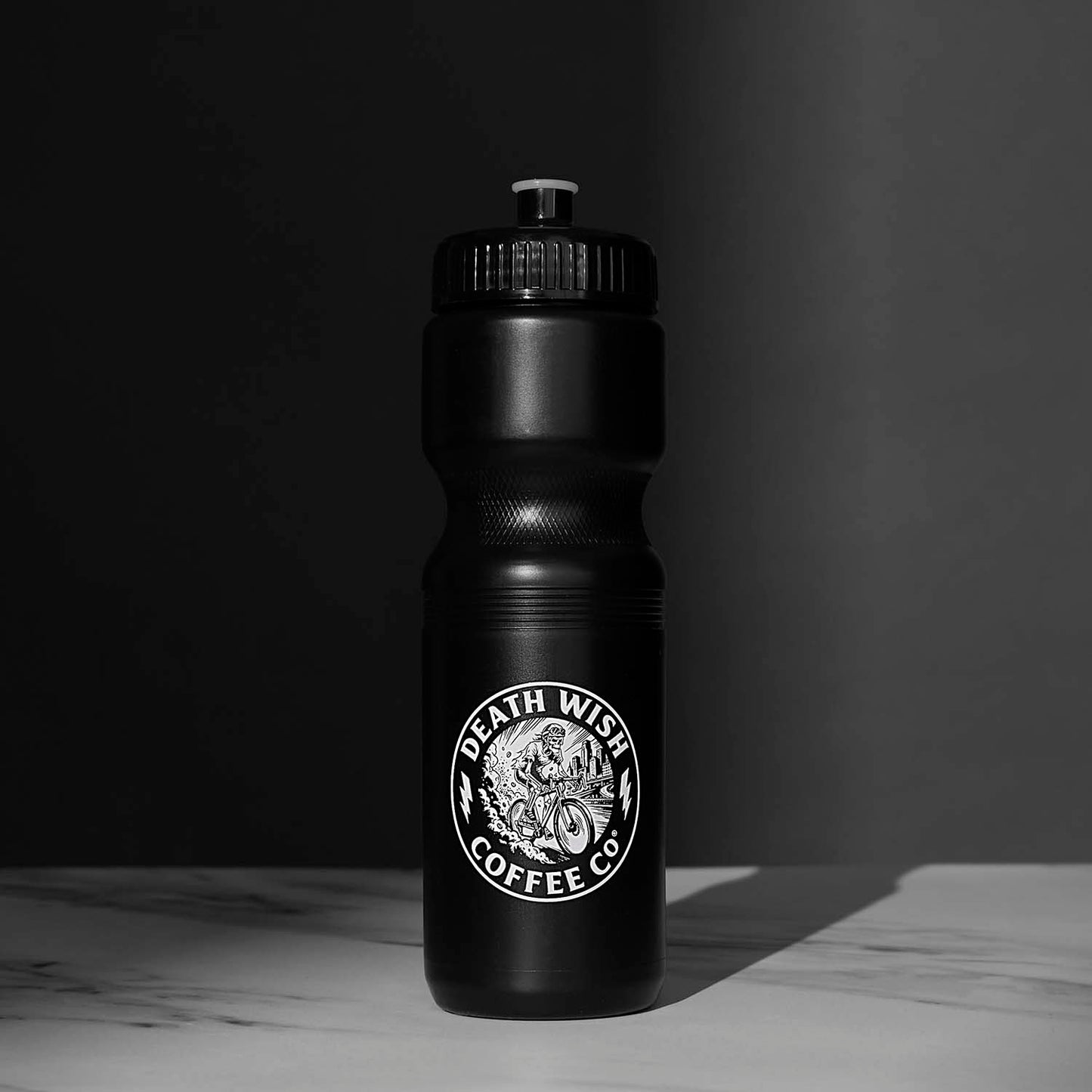 The front of the Death Wish Coffee Go With the Flow Water Bottle.