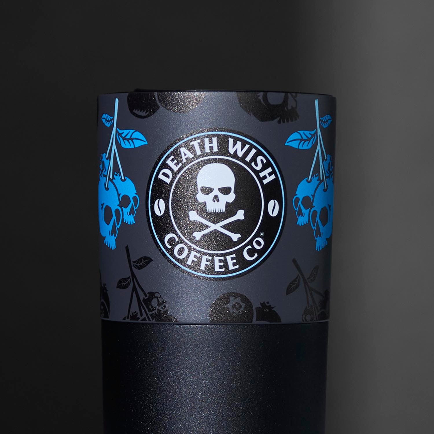 A detail shot of the front of the Death Wish Coffee Blueberry Klean Kanteen (16oz).