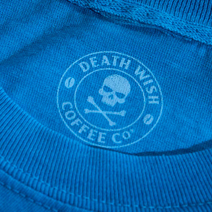 The inner neck label of the Death Wish Coffee Bury Your Blues Tee.