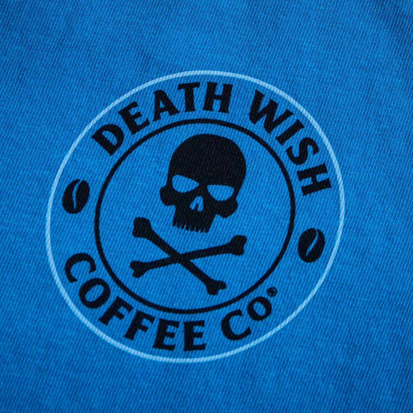 A detail shot of the back of the Death Wish Coffee Bury Your Blues Tee.