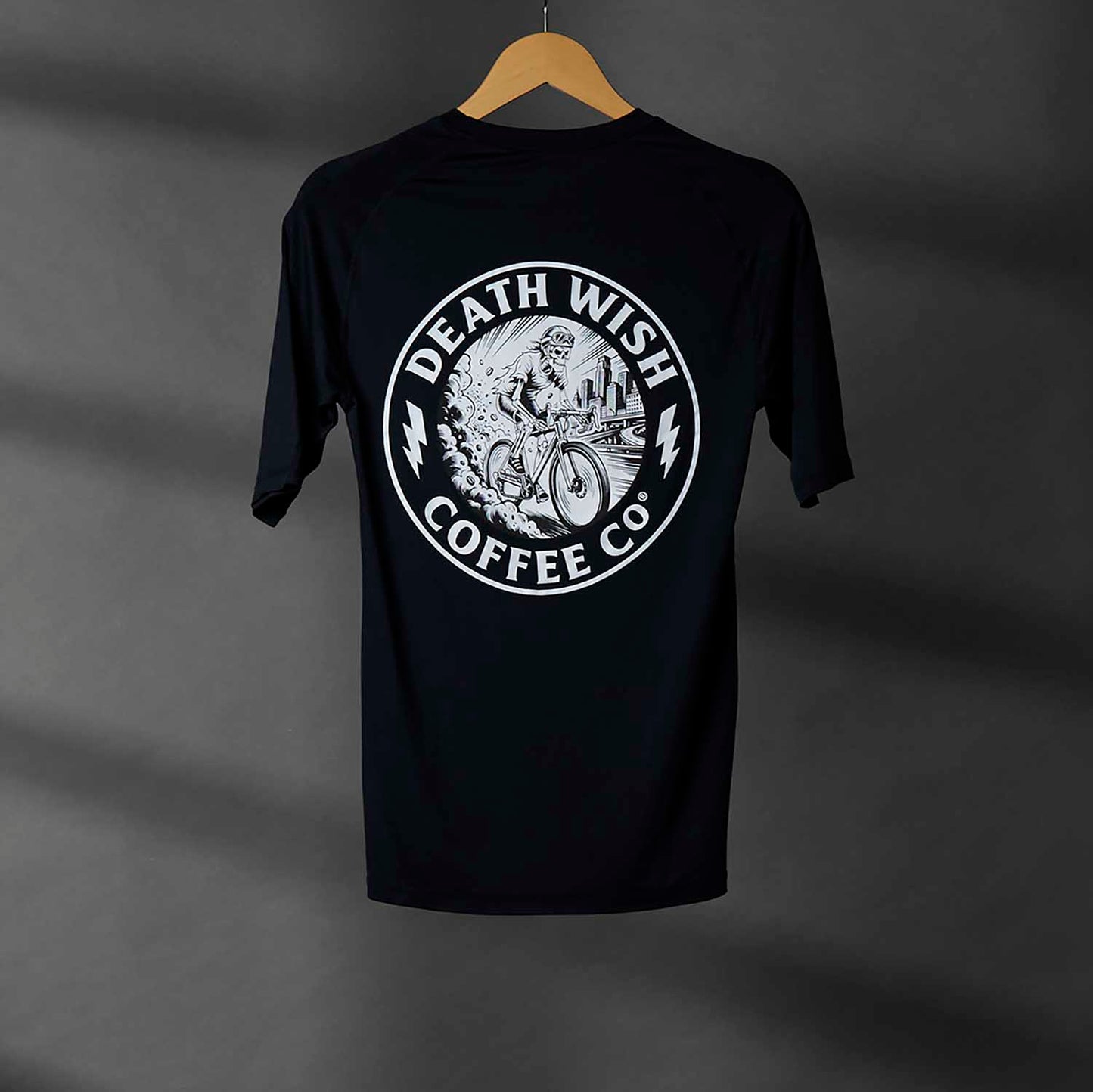 The back of the Death Wish Coffee Bone Dry Cycling Jersey.