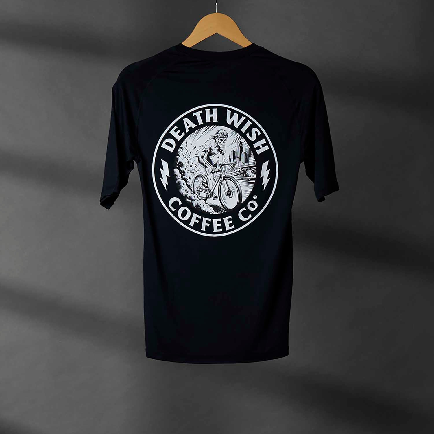 The back of the Death Wish Coffee Bone Dry Cycling Jersey.