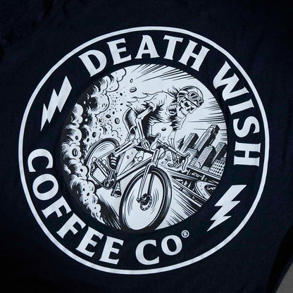 A detail shot of the Ride or Die Medallion on the Death Wish Coffee Bone Dry Cycling Jersey.