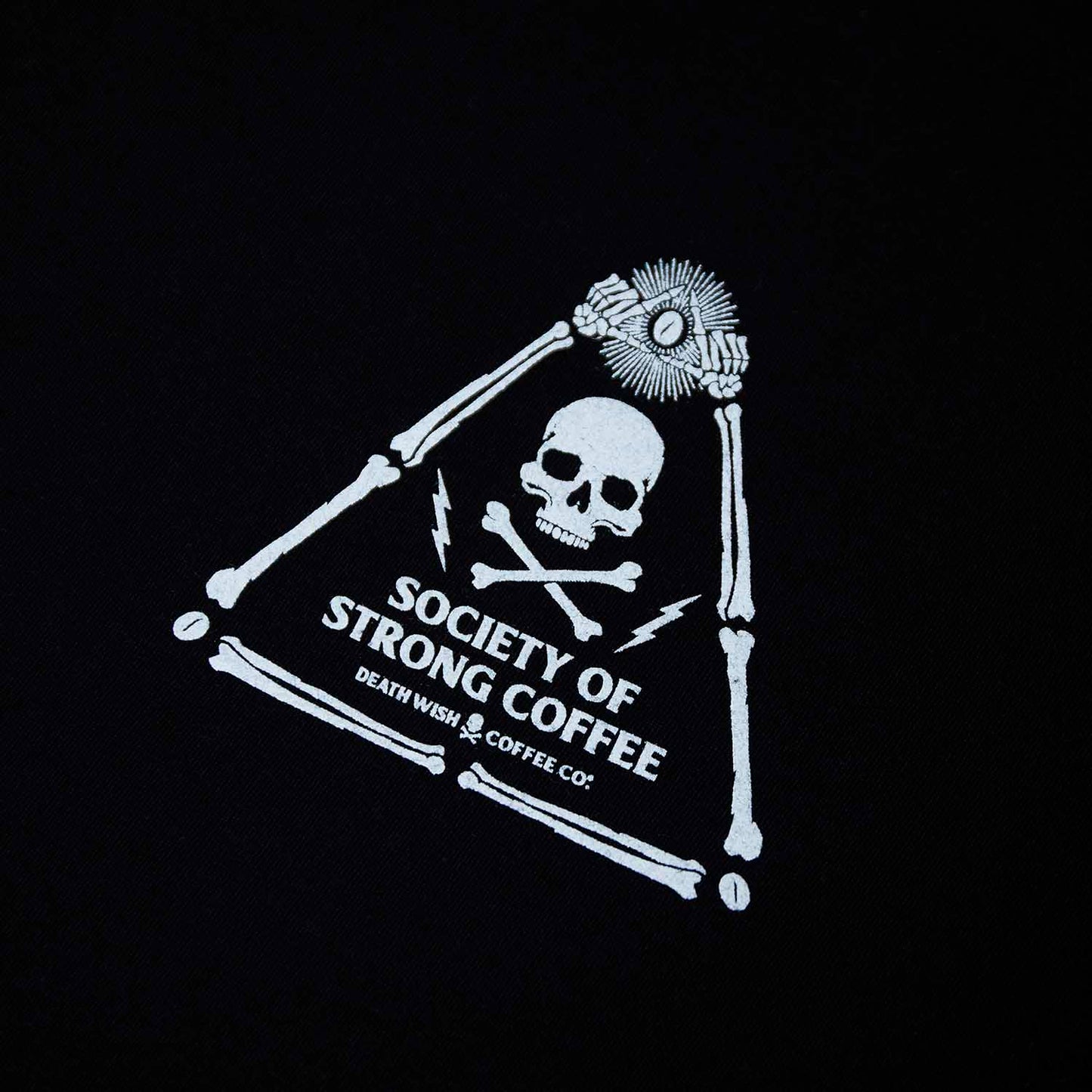 A detail shot of the front of the Death Wish Coffee Society Insignia Tee.