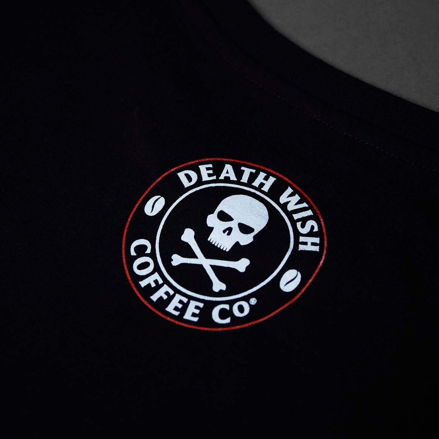A detail of the back of the Death Wish Coffee Society Insignia Tee.
