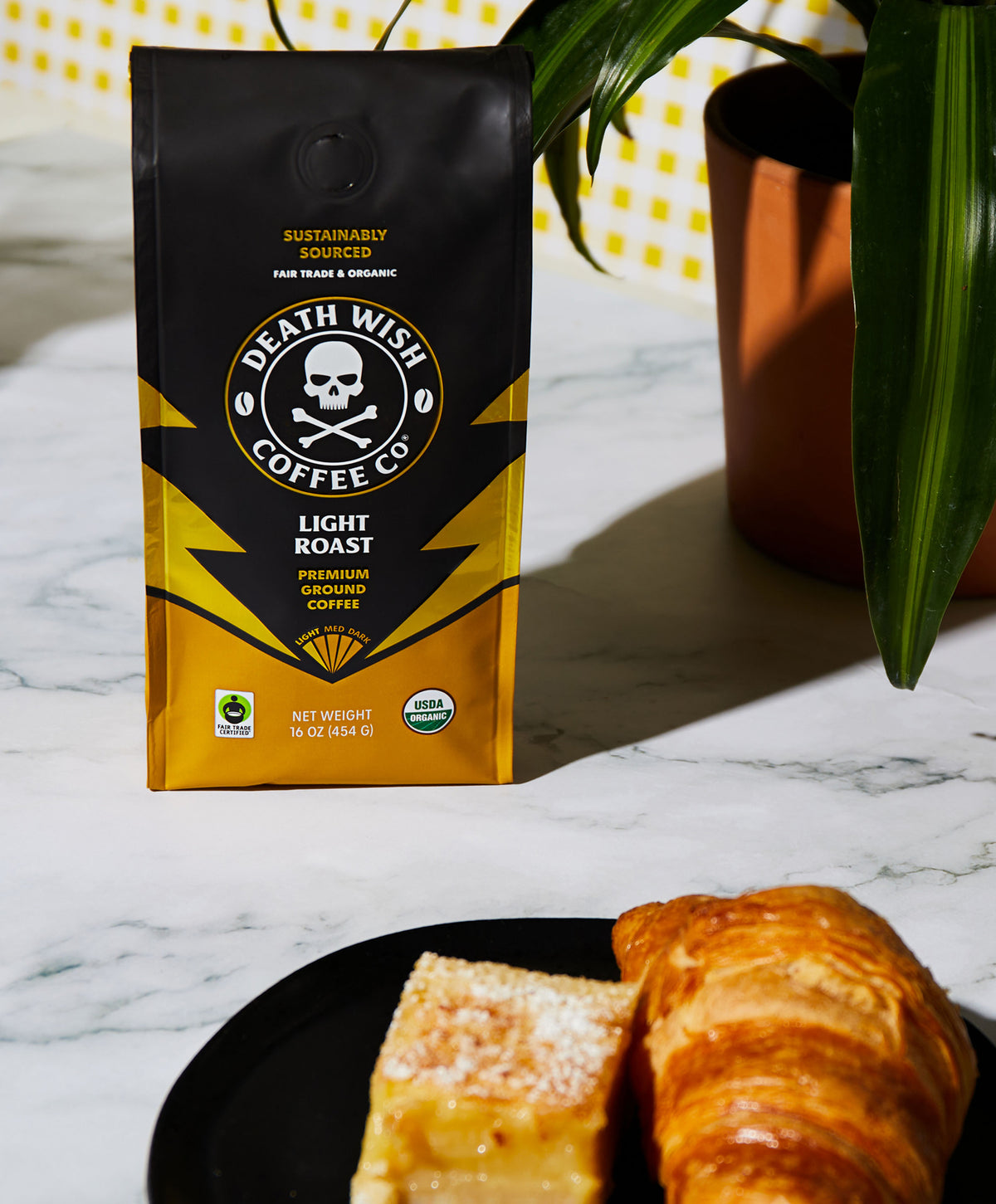Light Roast Death Wish Coffee accompanied by breakfast.