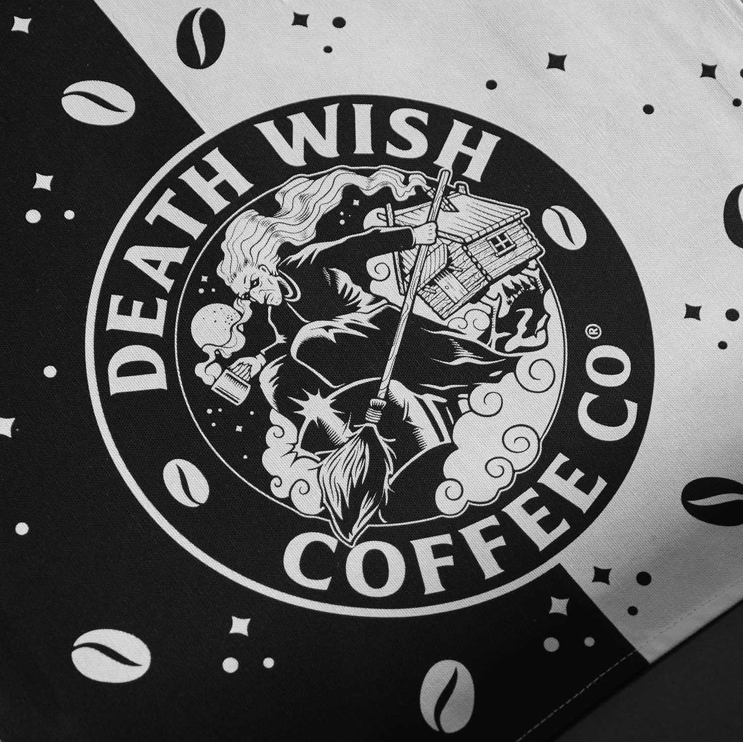 A detail shot of the Death Wish Coffee Witch's Kitchen Towel and Potholder Set.