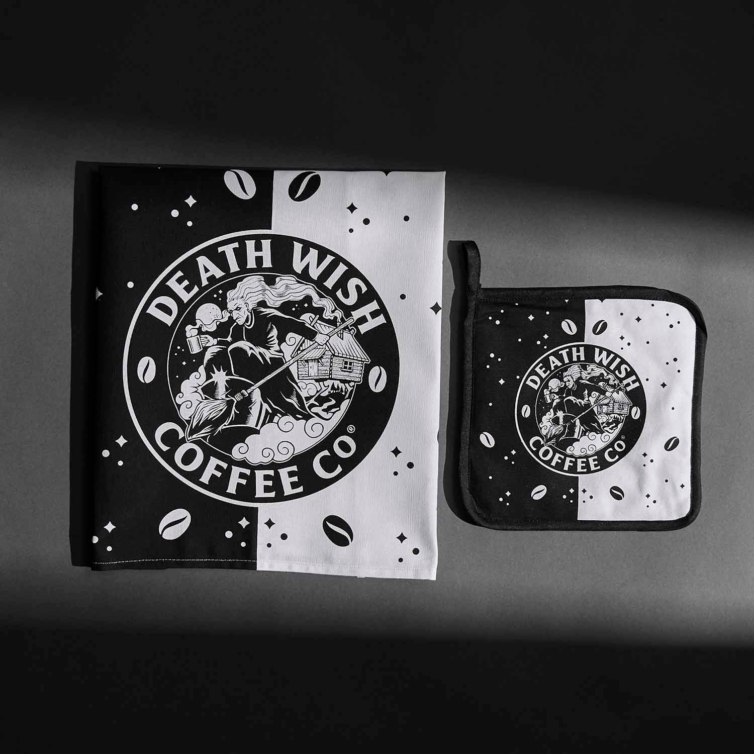 The Death Wish Coffee Witch's Kitchen Towel and Potholder Set.