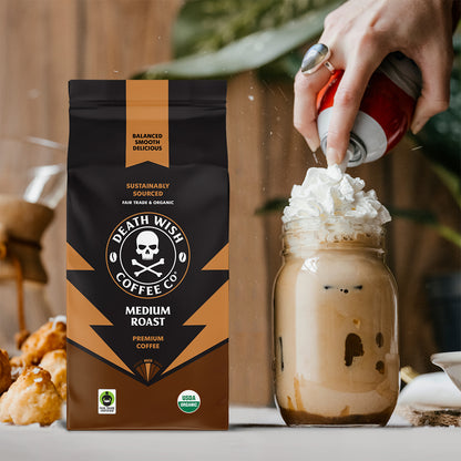 Topping off a cup of Medium Roast Death Wish Coffee.