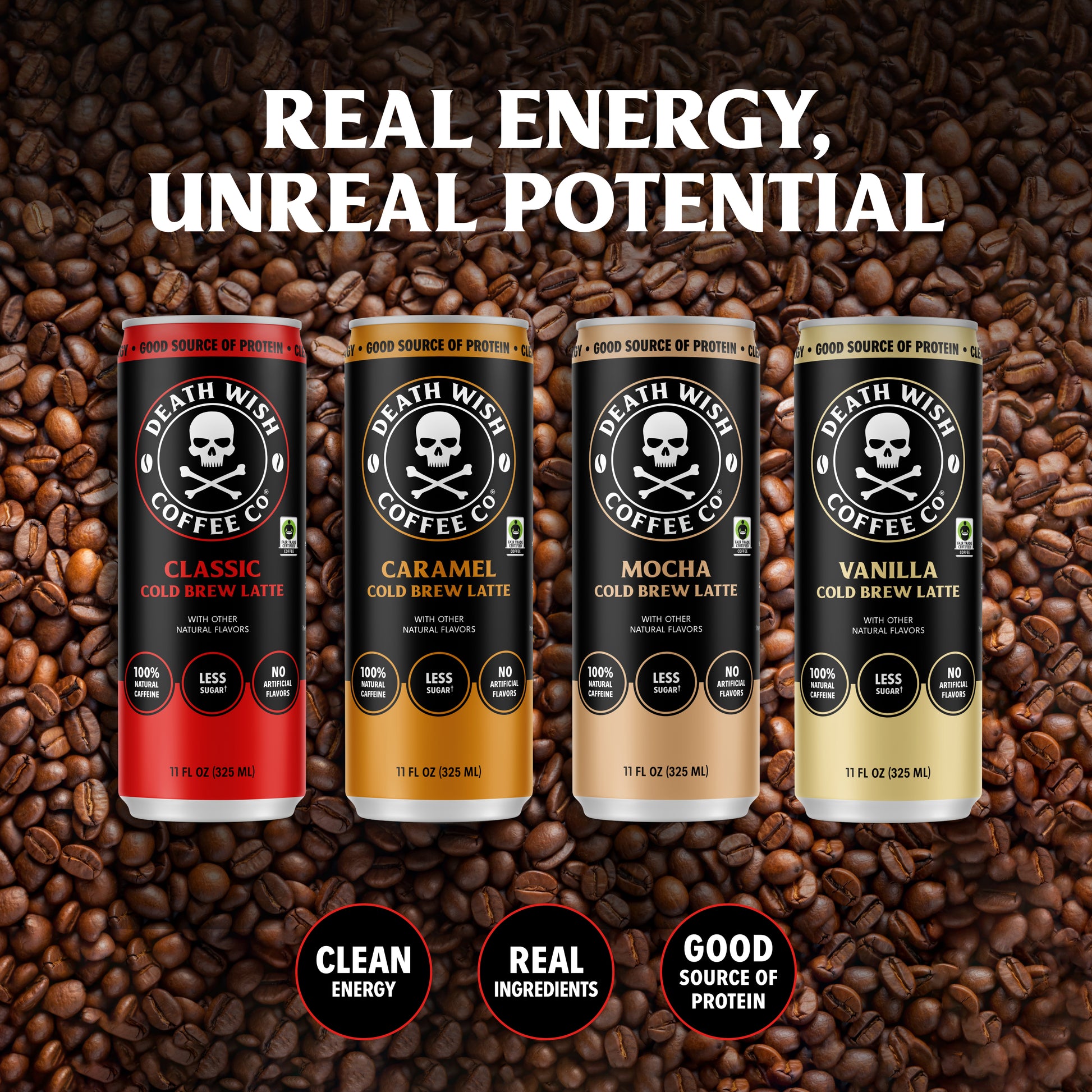 The full lineup of Death Wish Coffee Cold Brew Canned Lattes.